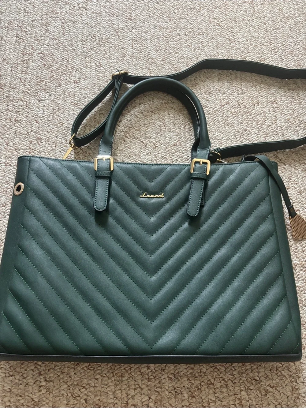 LOVEVOOK 2-Piece Quilted Faux Leather Laptop Tote & Wristlet Set – Dark Green